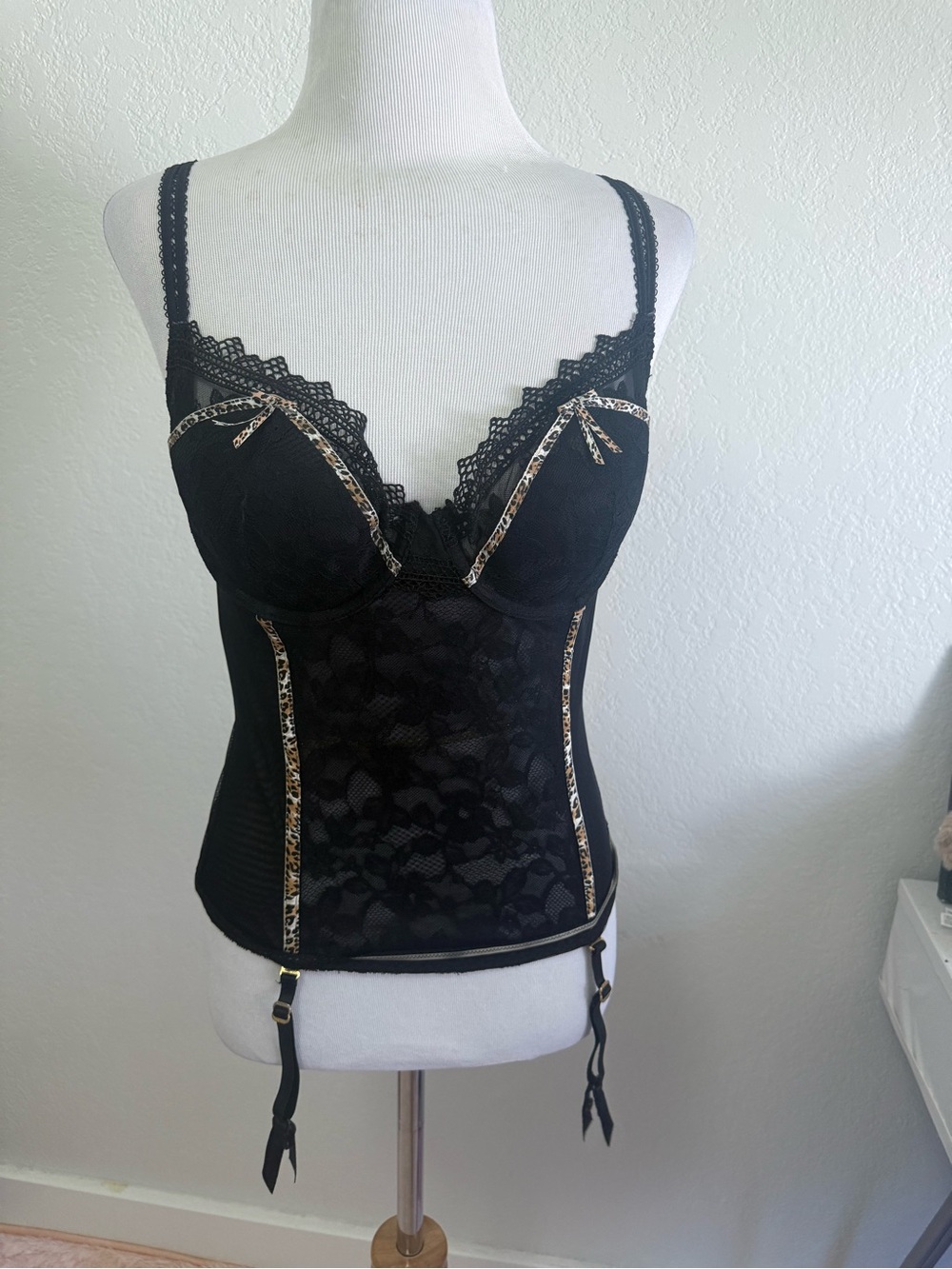 Victoria's Secret Black Lace Bustier with Leopard Accents